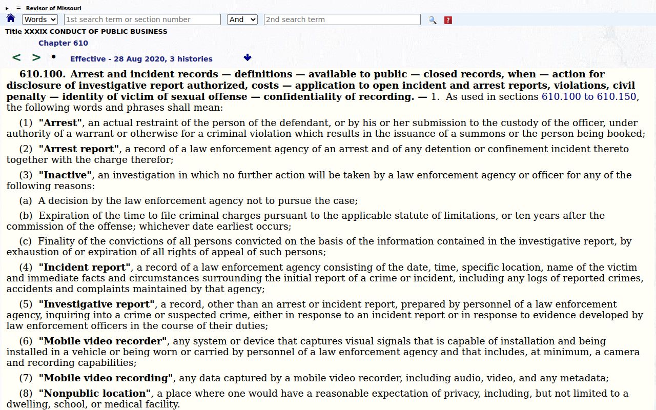 Missouri law governing Madison County arrest records and incident reports