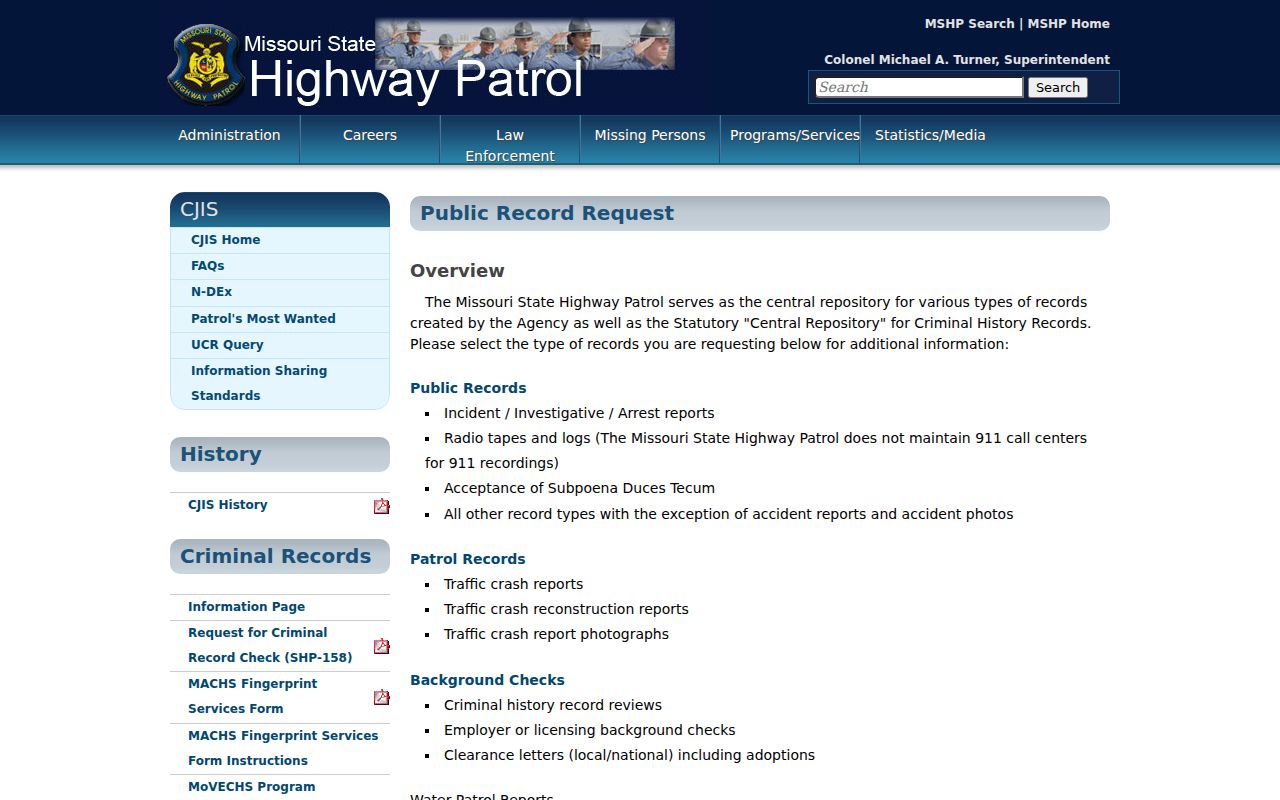 Madison County arrest record request routes through Missouri State Highway Patrol
