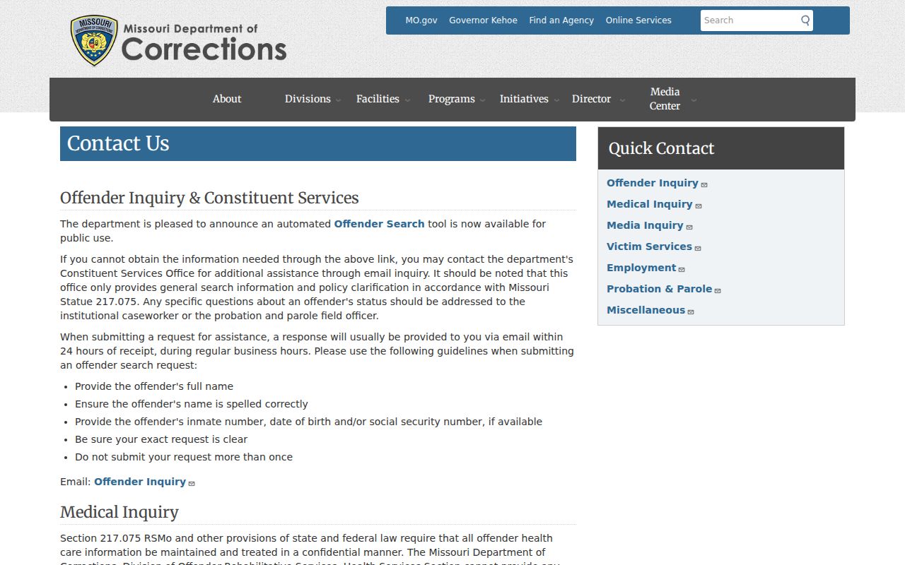 Cobalt criminal records Missouri corrections contact route